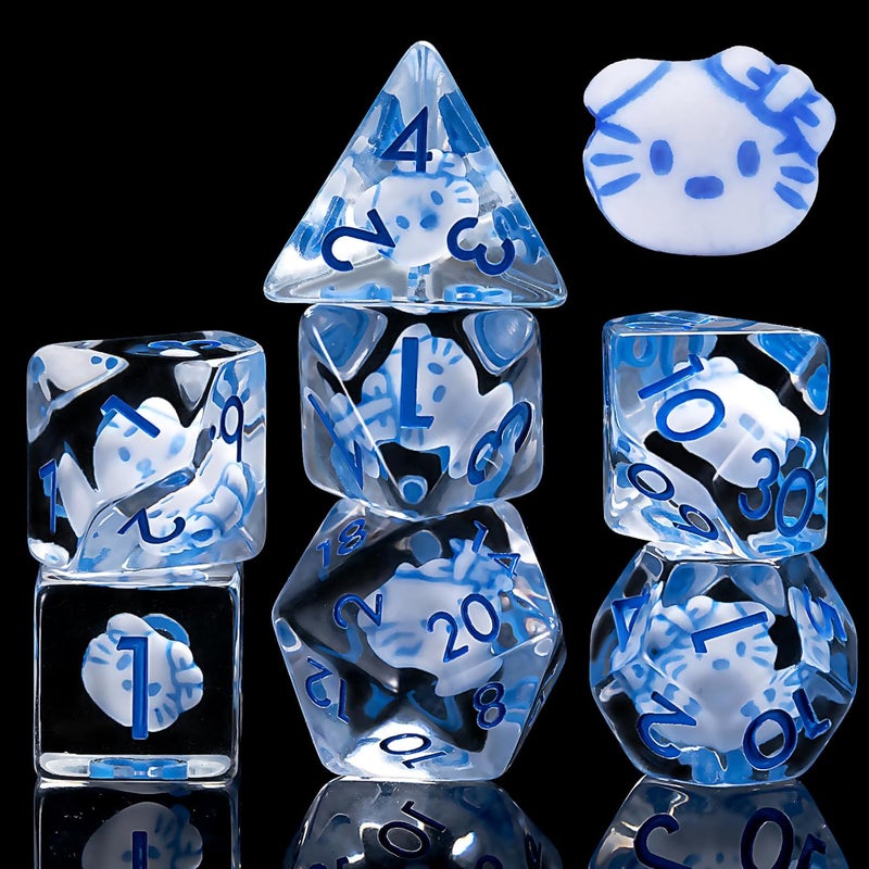 weyano Cat Resin D&D Dice Set, 7-Piece DND Polyhedral Dice (D4, D6, D8, D10, D12, D20, D%) Dungeons and Dragons Dice Set - Image 1